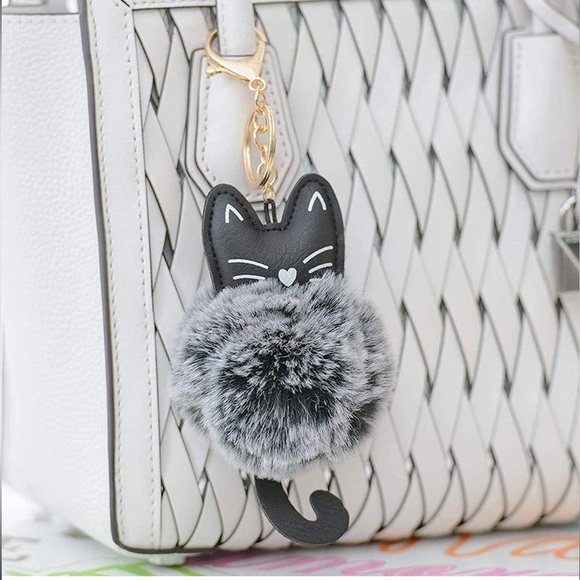 🐈‍⬛Black Cat Faux Leather Pom Pom Gold Keychain ⚡FINAL SALE - Picture 1 of 5